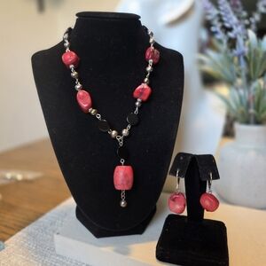 Silver and Natural Stone Bead Necklace and Earrings Set